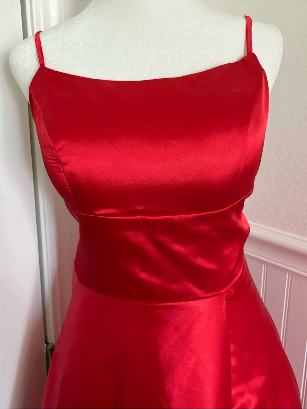 Red Satin A-Line Spaghetti Strap Evening Gown with Criss Cross Back - Picture 2 of 9